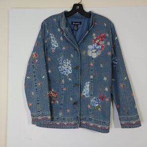 Denim&Co Vintage Women's Floral Embroidered Denim Jacket - Blue
